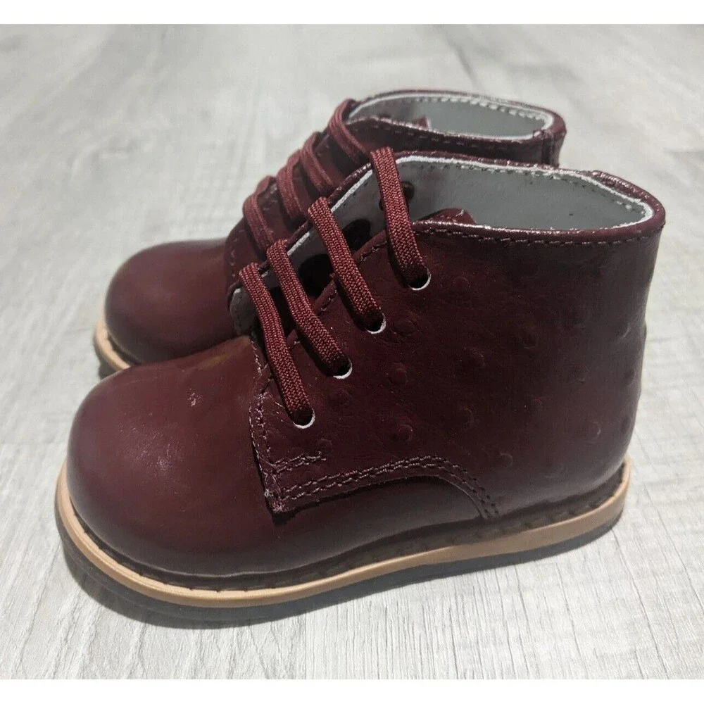 New Josmo Walker Burgundy Patent Ostrich Tie Baby Shoes Sz 3 w/ Box